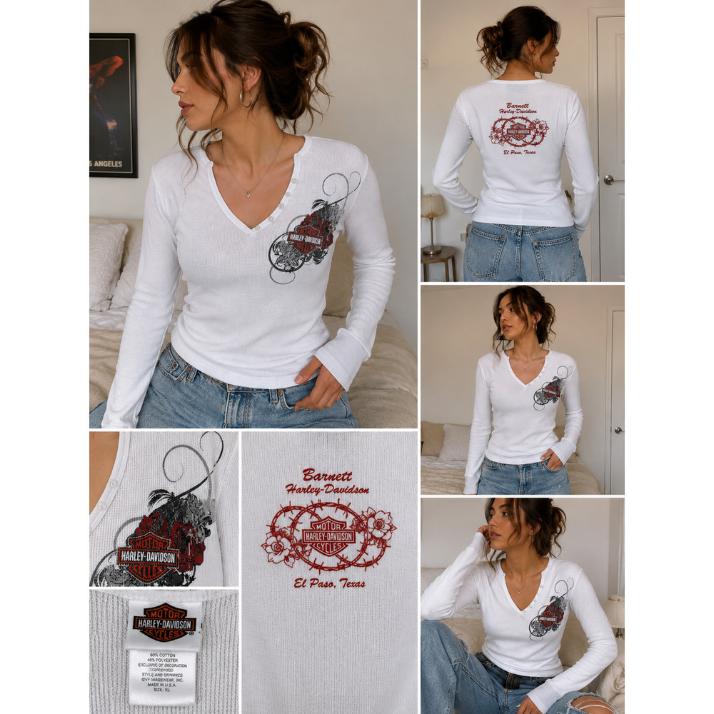 VTG Harley Davidson Waffle Knit Thermal Shirt XL White Graphic USA Y2K